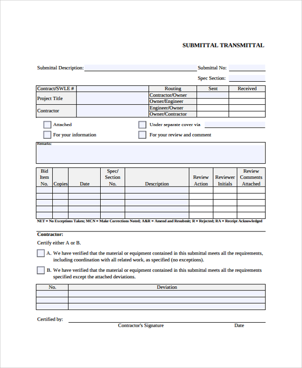 sample submittal transmittal form