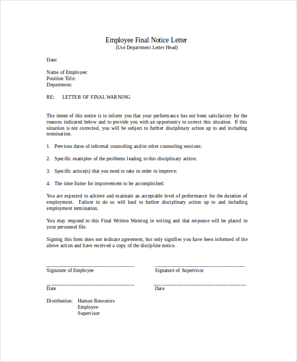 final notice letter to employee for termination