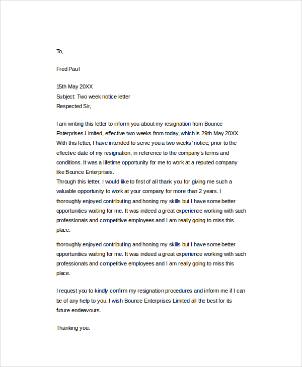 2 week notice resignation letter