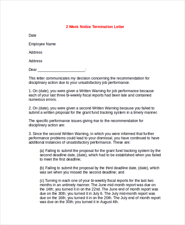 2 week notice termination letter