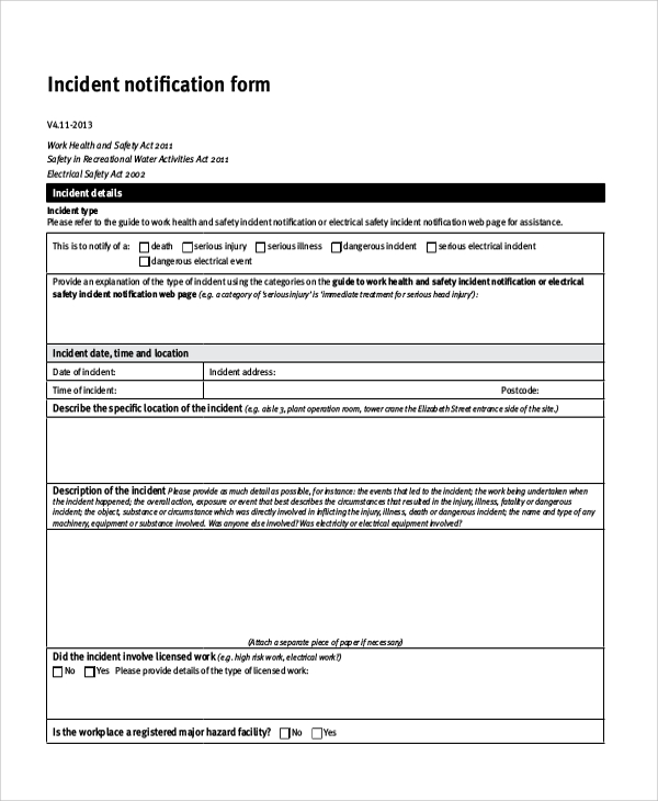 incident notification report form 