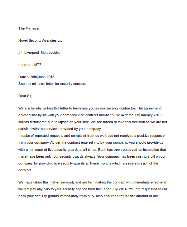 termination letter for security contractor