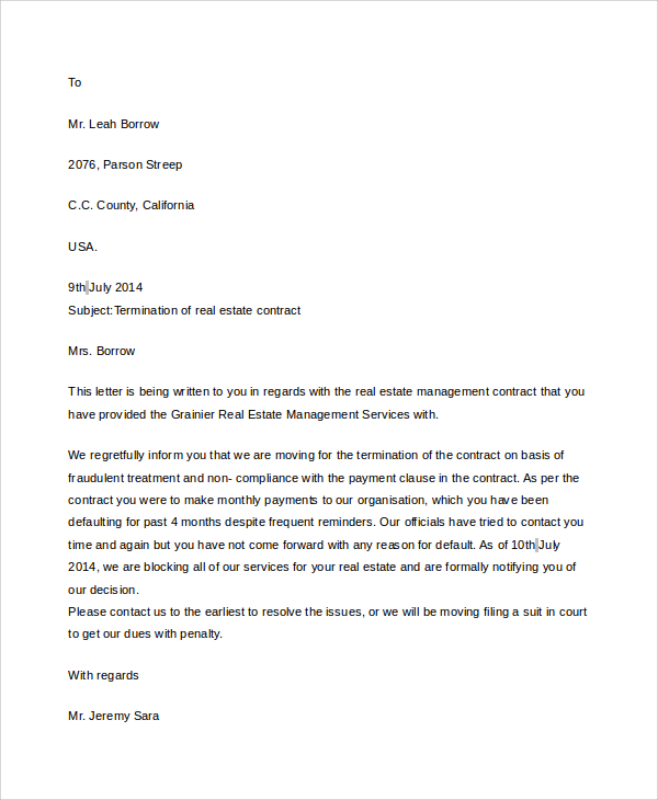 real estate contract termination letter