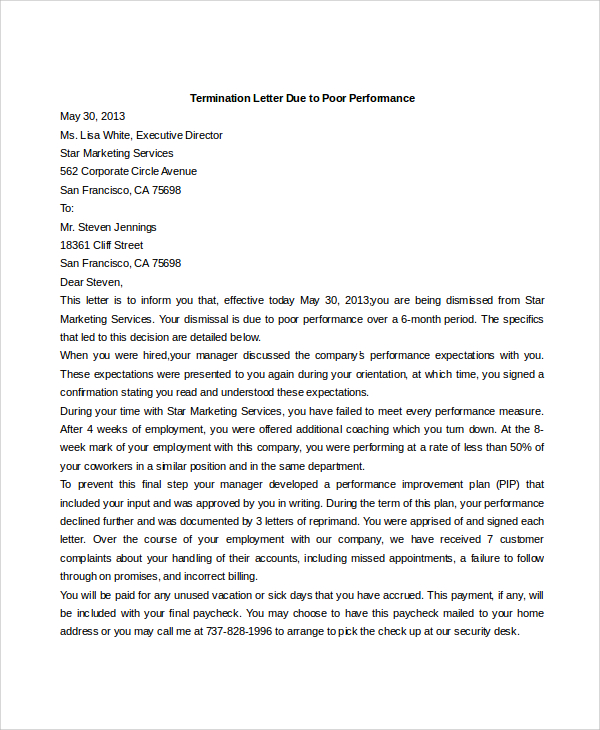 contract termination letter due to poor performance
