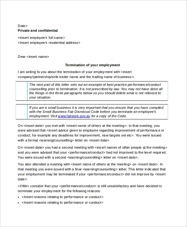 basic employment contract termination letter 