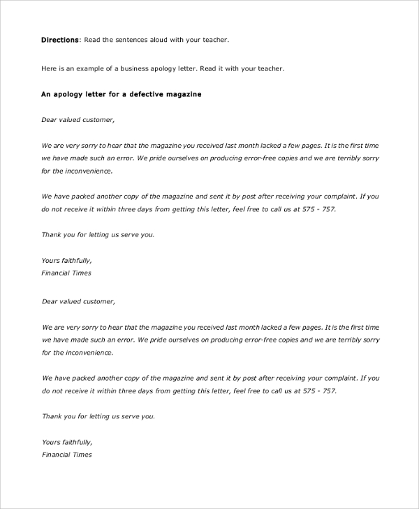 business apology letter for a defective magazine