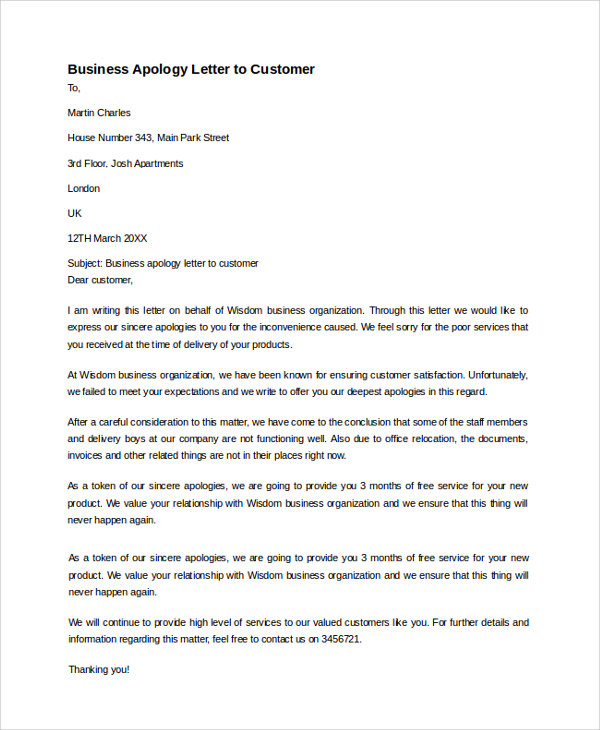 Free Sample Business Apology Letter Templates In Pdf Ms Word