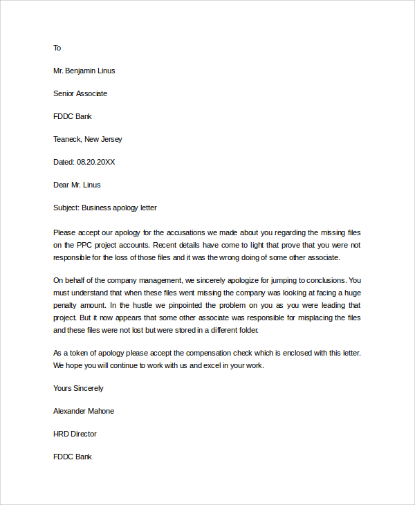 business apology letter to employee