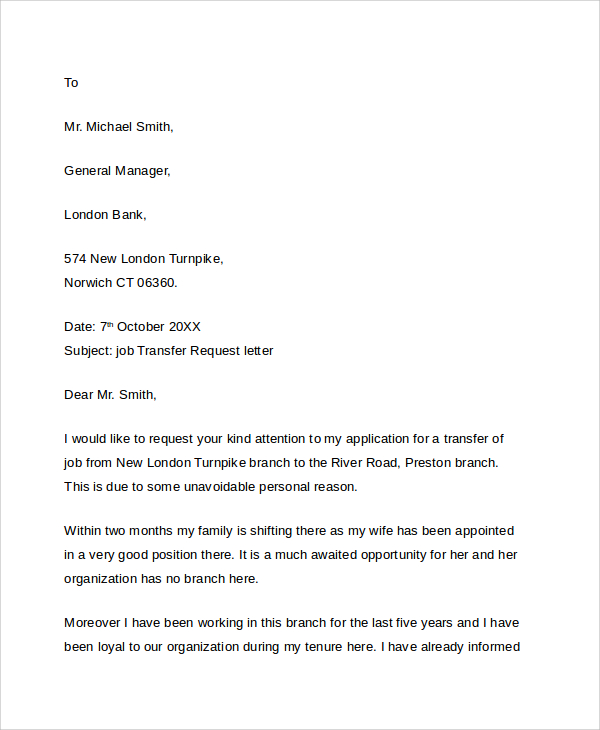 FREE 9+ Sample Transfer Request Letter Templates in PDF ...