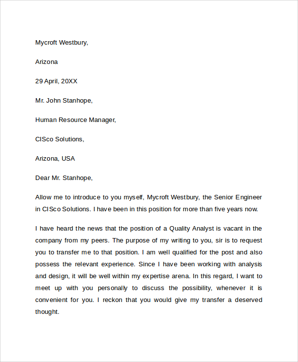 sample letter request for transfer of assignment