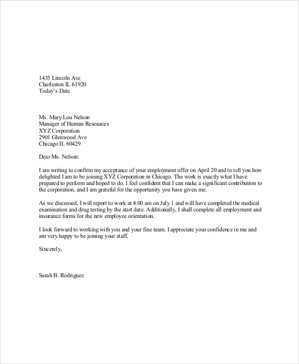 job employment acceptance letter