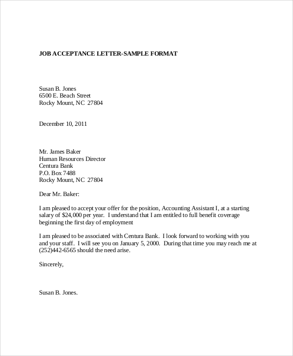employment acceptance letter format