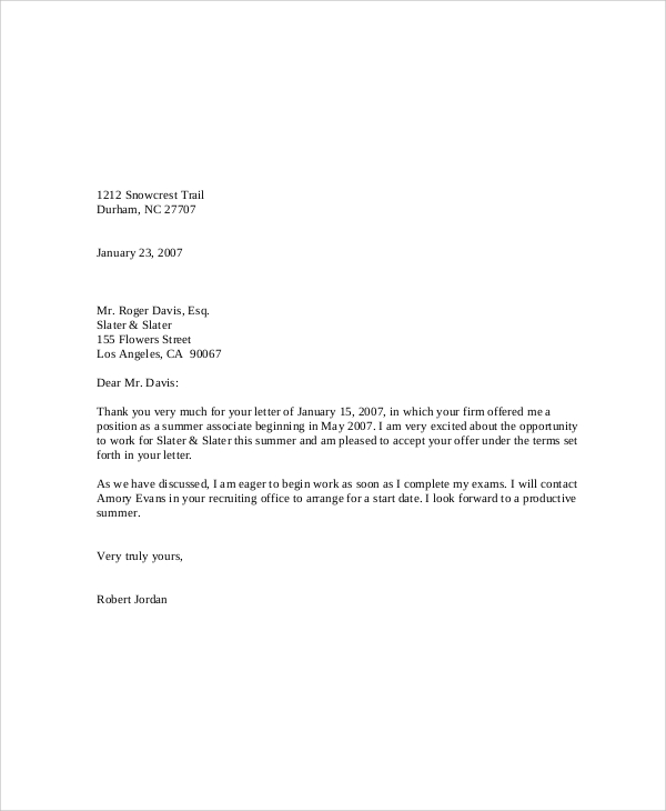sample employment acceptance letter