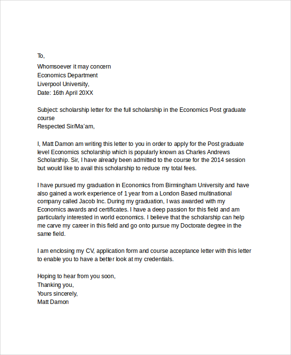 sample scholarship cover letter