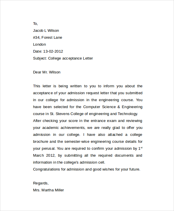 Sample Of Acceptance Letter For Admission