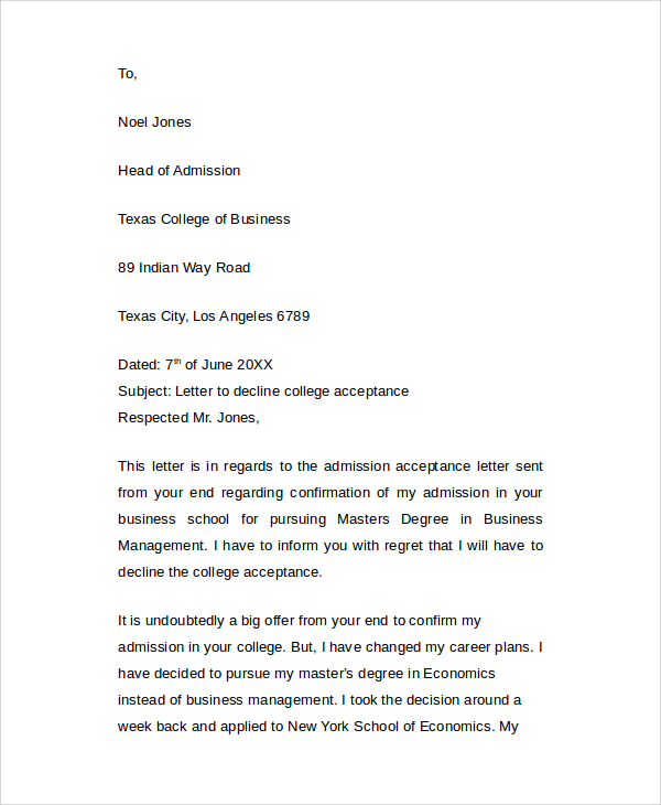 letter to decline school acceptance Letters  Sample  Word College PDF, 8 Acceptance