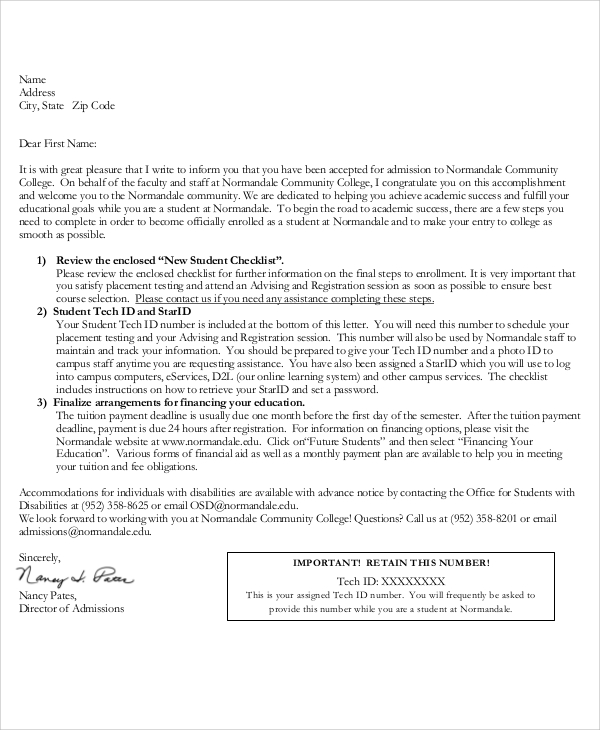 example of college admission letter