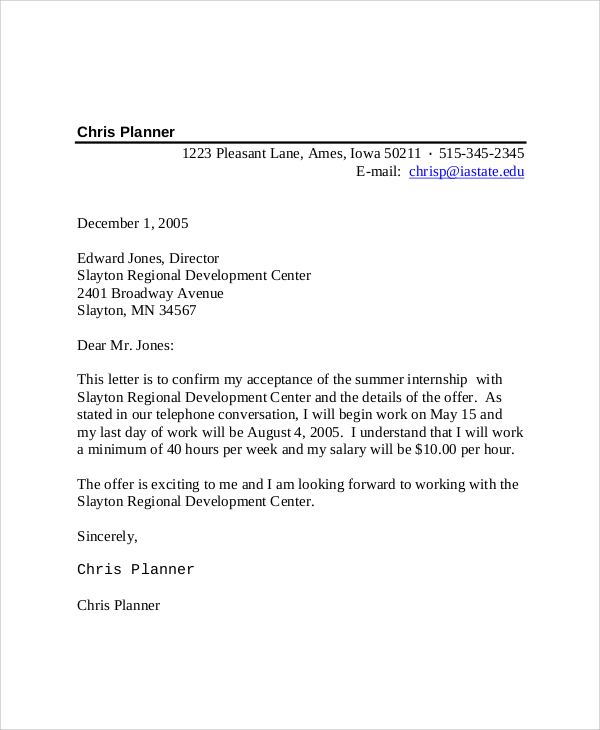 Letter For Internship Confirmation - Sample Internship ...