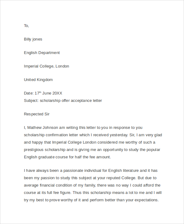 FREE 5+ Sample Scholarship Acceptance Letter Templates in PDF | MS Word