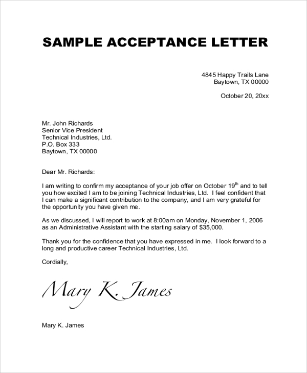 FREE Sample Job Acceptance Letter Templates In PDF MS Word