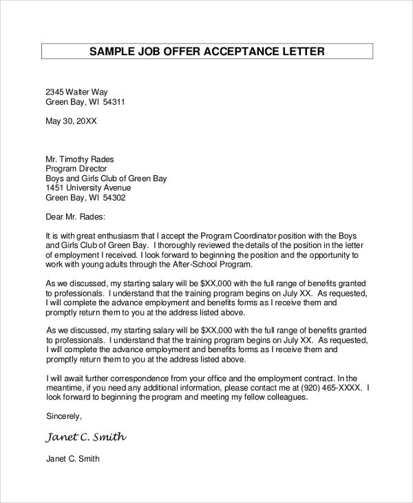 coordinator job offer acceptance letter