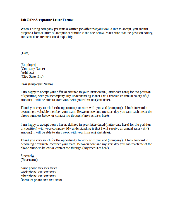 job acceptance letter format