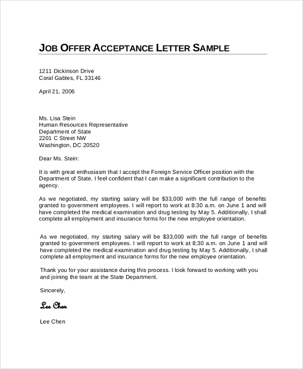 service officer job offer acceptance letter