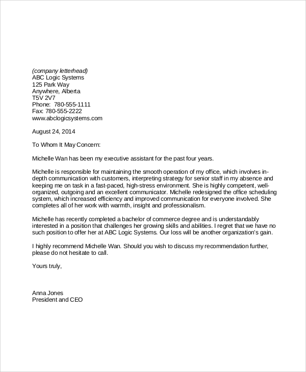 Personal Reference Letter Sample For Employee