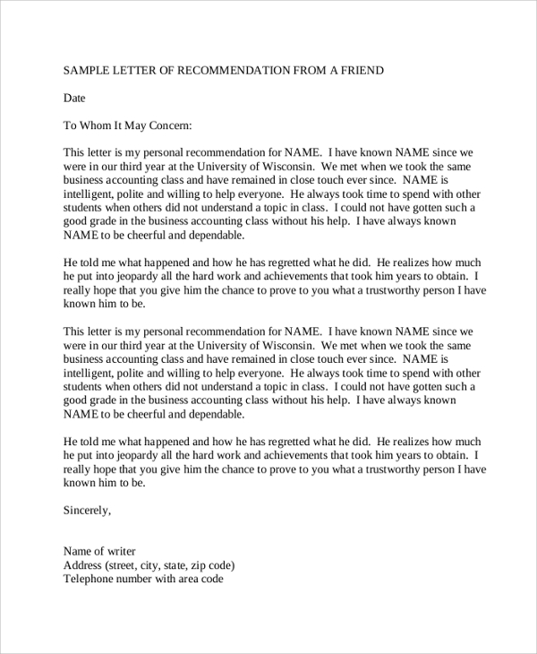 recommendation letter for a friend