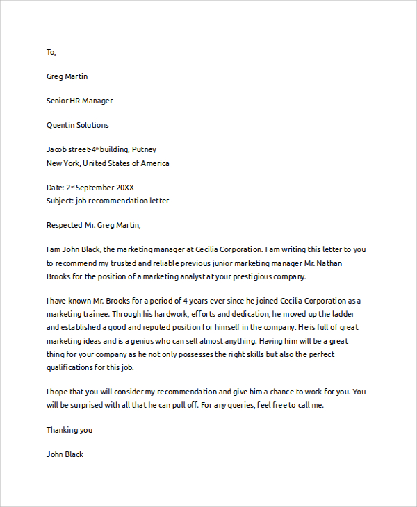 Sample reference letter for a new job