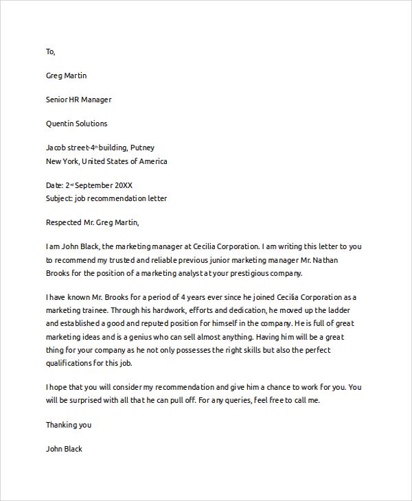 Job recommendation letter sample pdf