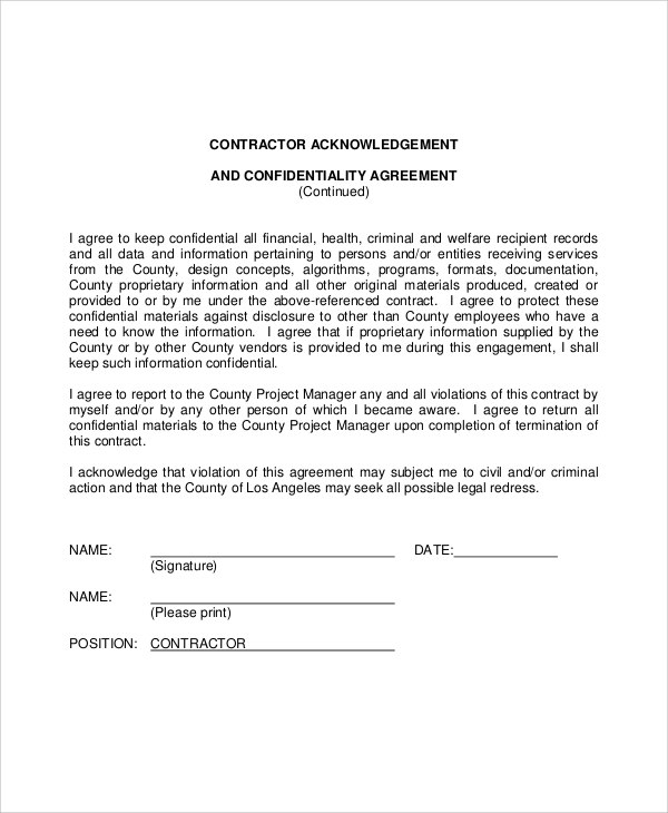 contractor acknowledgement and confidentiality agreement
