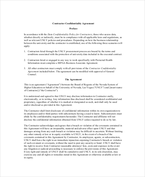 contractor confidentiality agreement