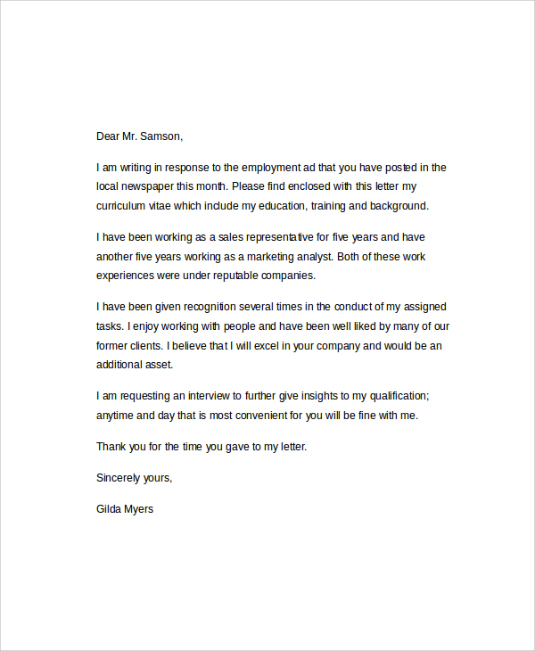 sample employment cover letter 5 documents in pdf word