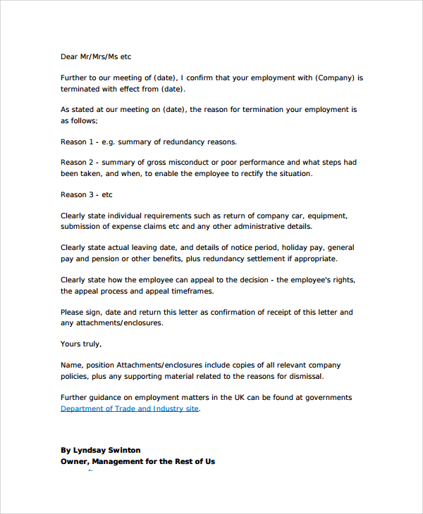 voluntary letter termination template 8 Letters Employment Templates    Sample Termination Sample