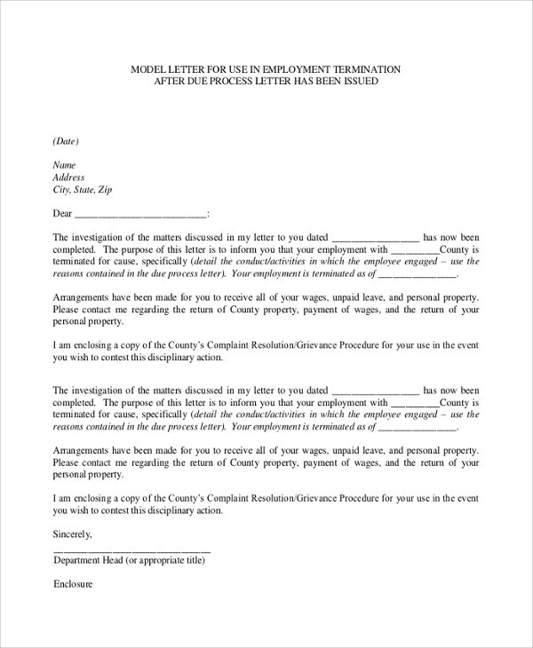 standard employment termination letter