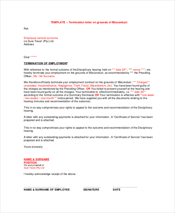 misconduct employment termination letter