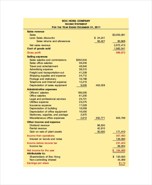 income tax statement format