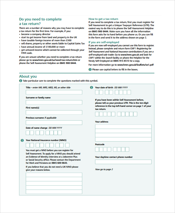 Self Assessment Form For Tax