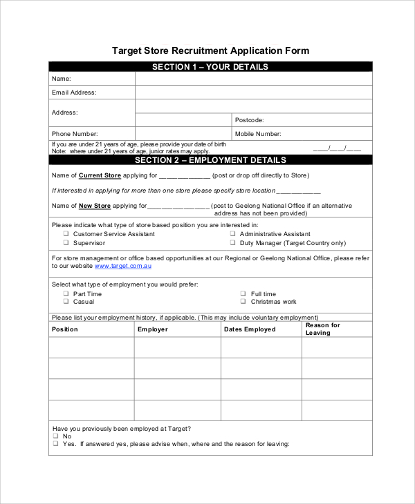 Sample Employment Application Form Template 5598