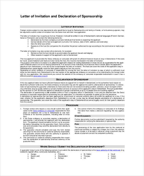 letter of invitation and declaration of visa sponsorship