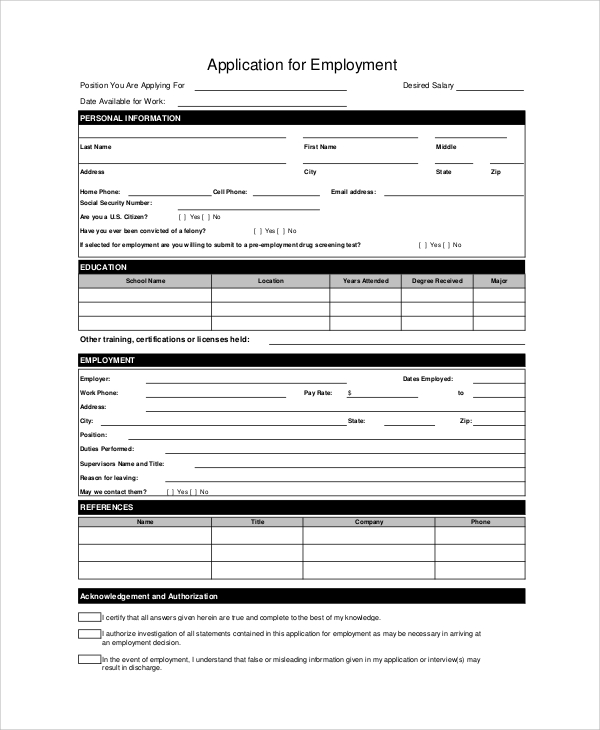 Blank Employment Application Form Sample Templates At 50 Free Employment Job Application Form 6945