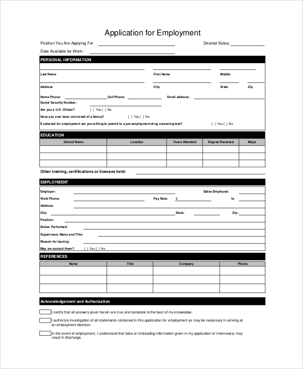 application sample employment job for form Templates Employment Form Examples, Samples, Application