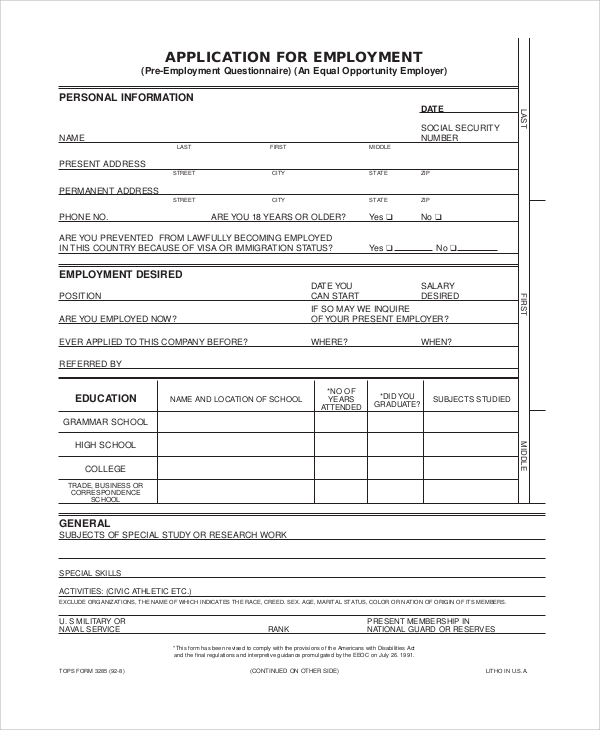 FREE 7+ Employment Application Form Samples in PDF