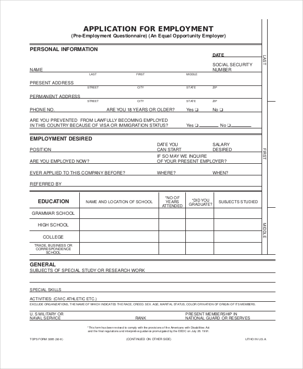 Printable Standard Application For Employment 9425