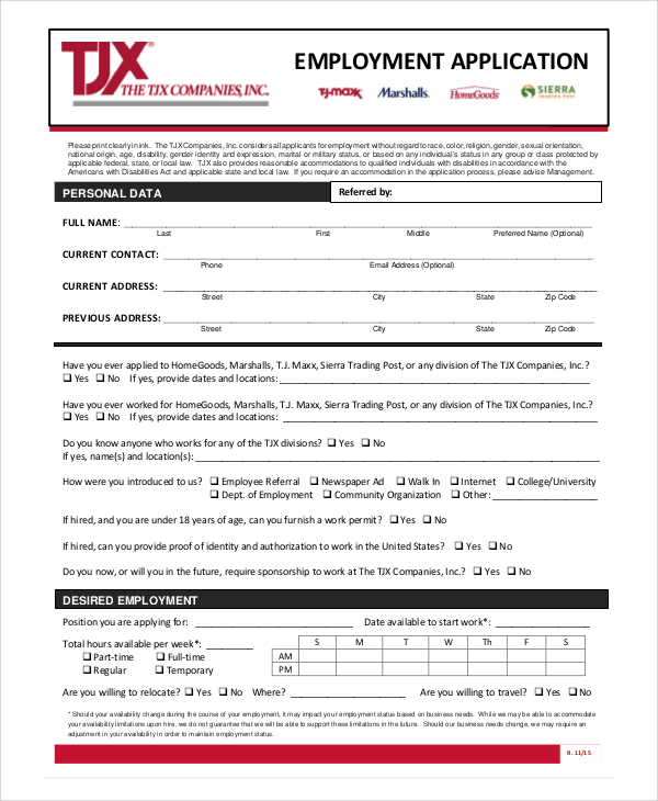 private company employment application form