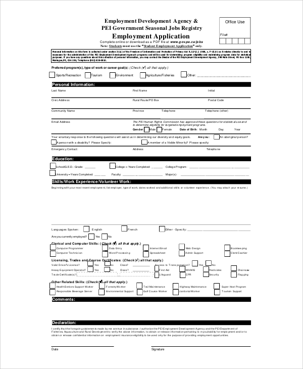 FREE 7+ Employment Application Form Samples in PDF