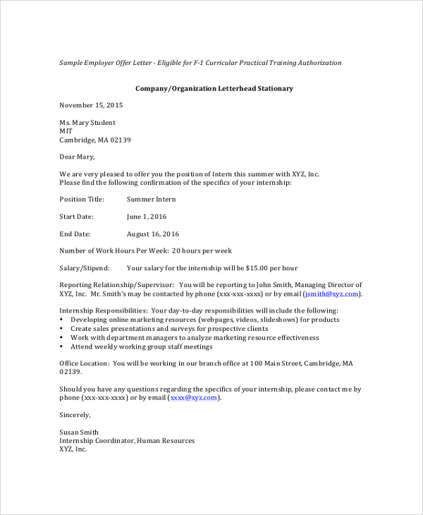 summer internship offer letter sample