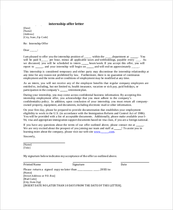 Free 10 Sample Internship Offer Letter Templates In Pdf Ms Word