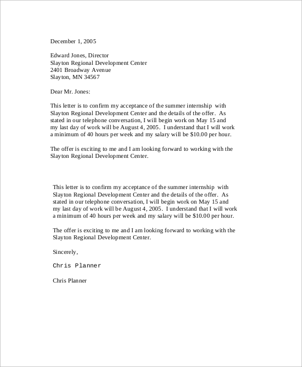 internship offer acceptance letter